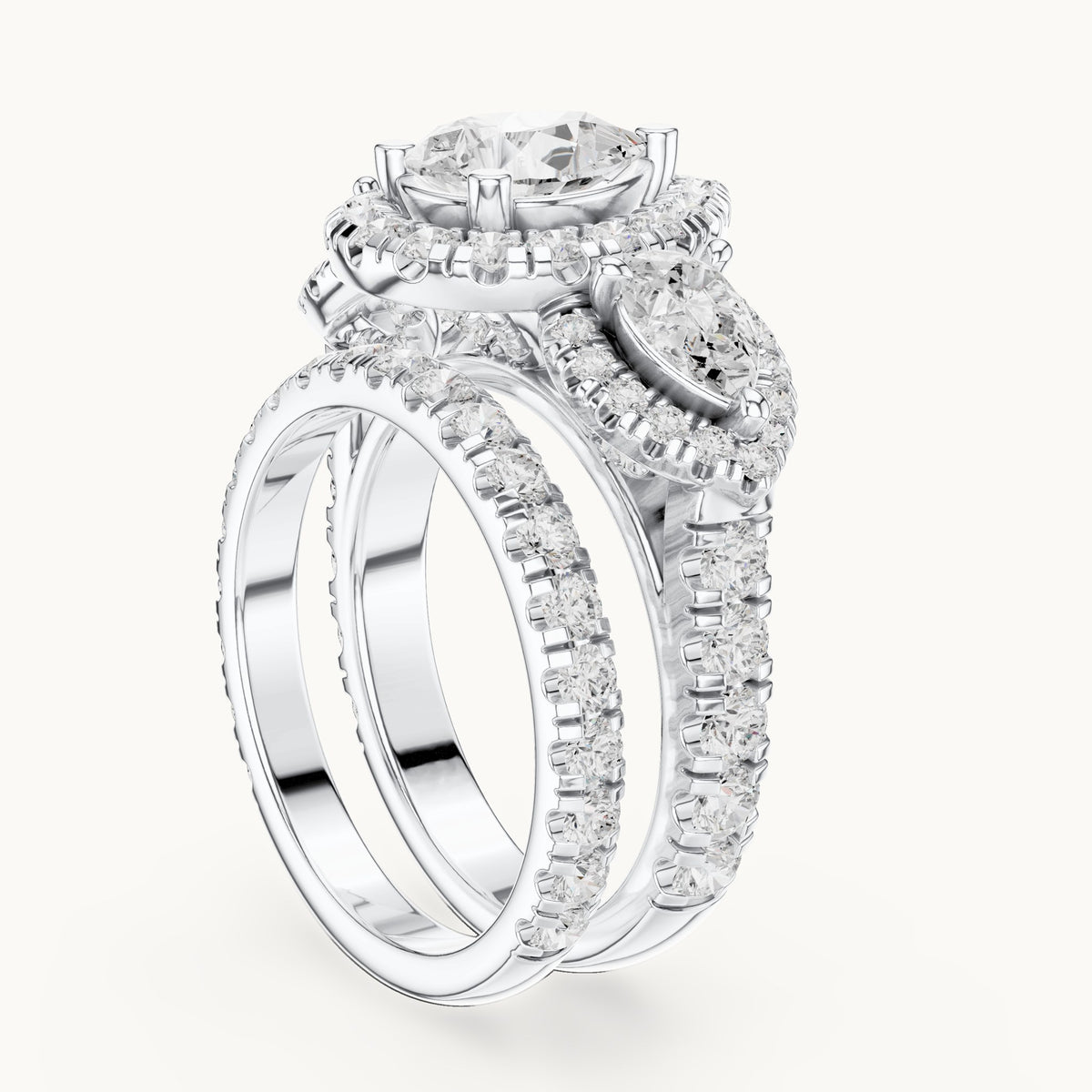 Pear and round lab-grown diamond halo three-stone double band engagement ring in white gold, 4.323 CT TW, view 1