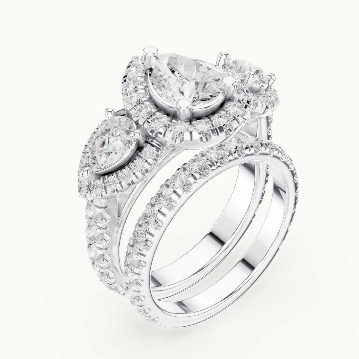 Pear and round lab-grown diamond halo three-stone double band engagement ring in white gold, 4.323 CT TW, view 2