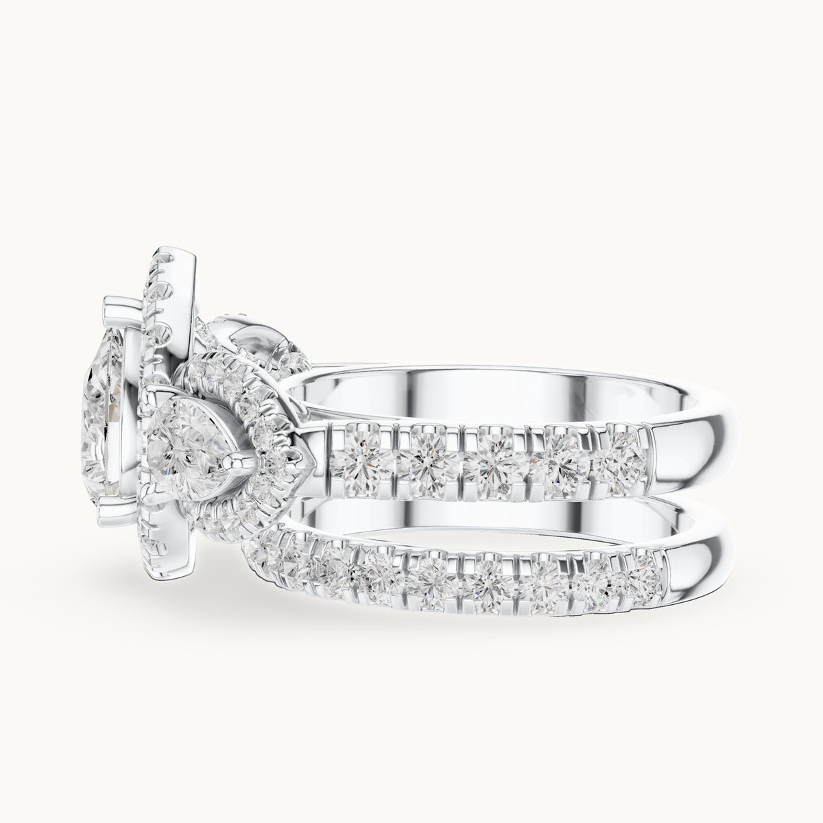 Pear and round lab-grown diamond halo three-stone double band engagement ring in white gold, 4.323 CT TW, view 3