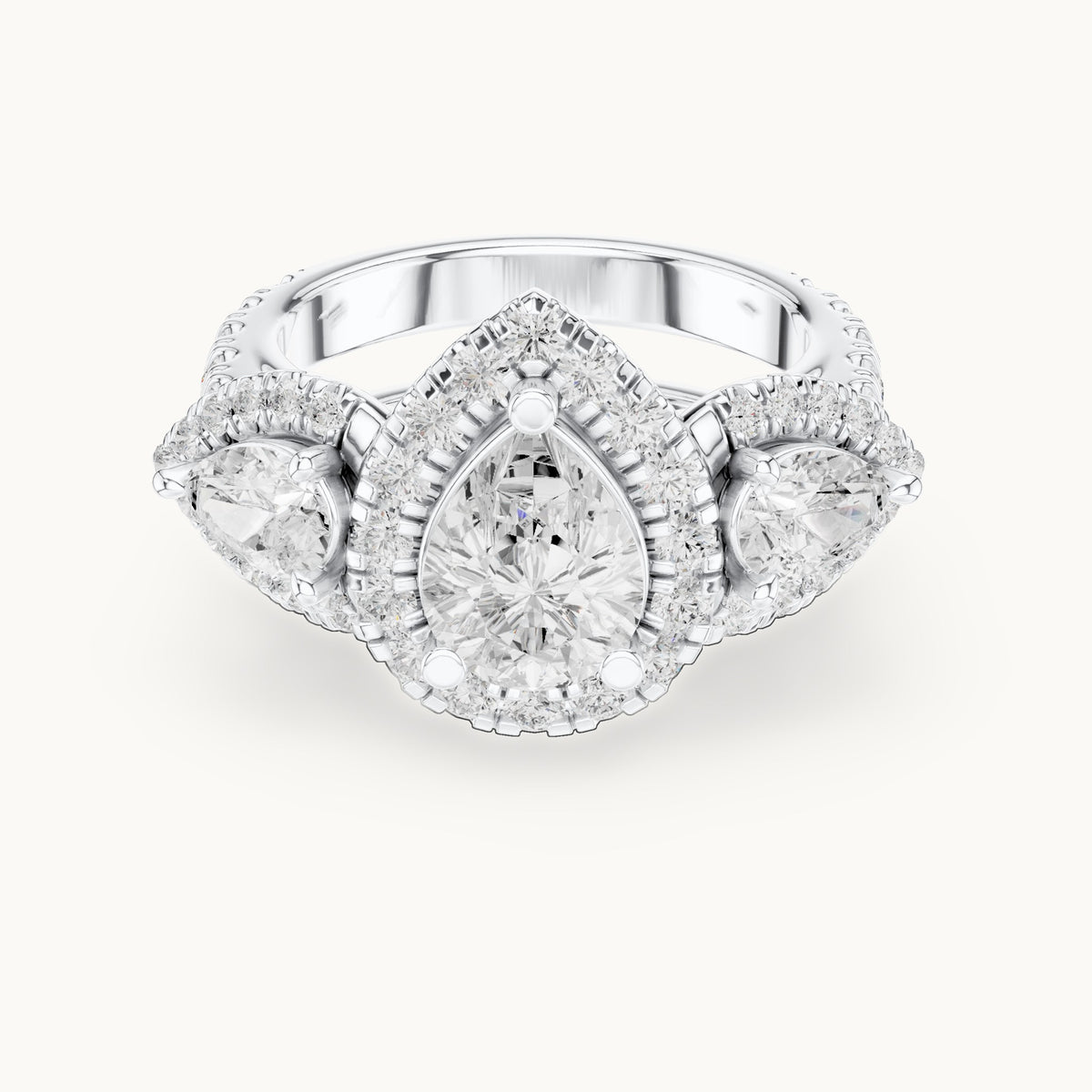 Pear and round lab-grown diamond halo three-stone double band engagement ring in white gold, 4.323 CT TW, view 4