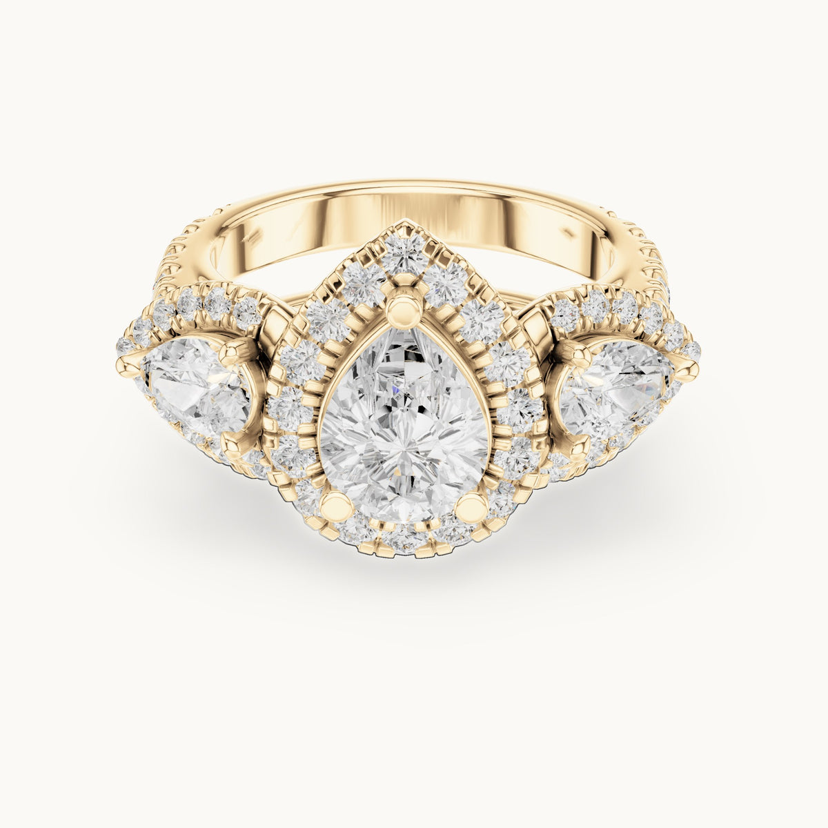 Pear and round lab-grown diamond halo three-stone double band engagement ring in yellow gold, 4.323 CT TW, view 4