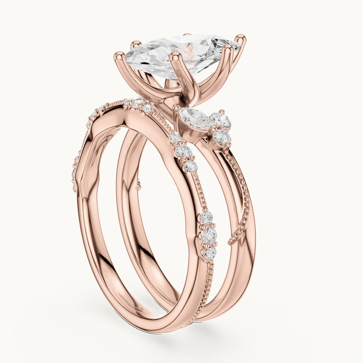 Marquise and round lab-grown diamond double band engagement ring with side stones in rose gold, 2.415 CT TW, view 1