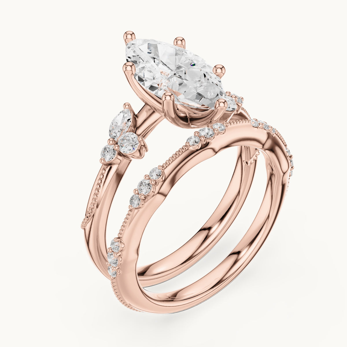 Marquise and round lab-grown diamond double band engagement ring with side stones in rose gold, 2.415 CT TW, view 2