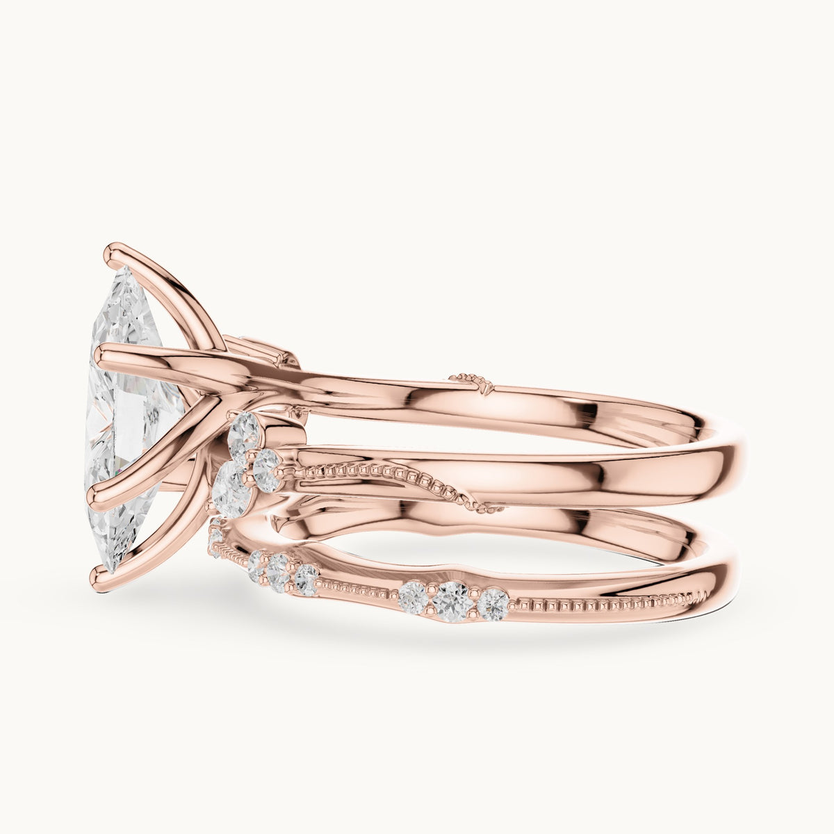 Marquise and round lab-grown diamond double band engagement ring with side stones in rose gold, 2.415 CT TW, view 3