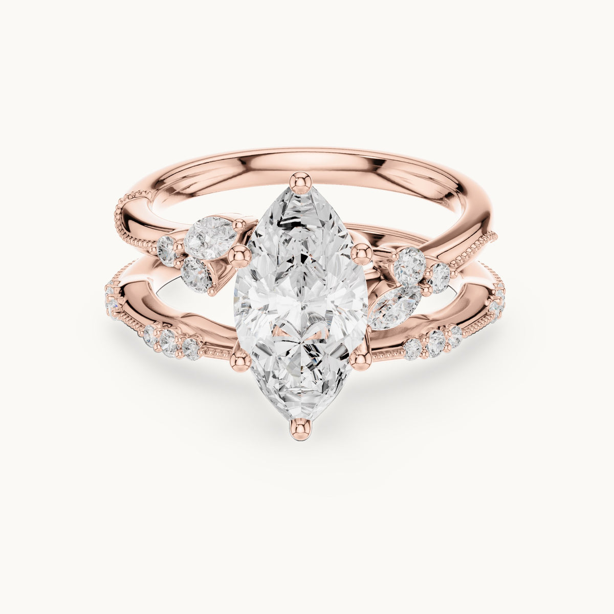 Marquise and round lab-grown diamond double band engagement ring with side stones in rose gold, 2.415 CT TW, view 4