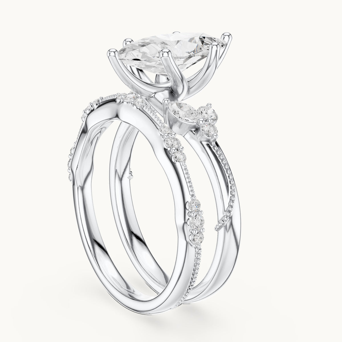 Marquise and round lab-grown diamond double band engagement ring with side stones in white gold, 2.415 CT TW, view 1