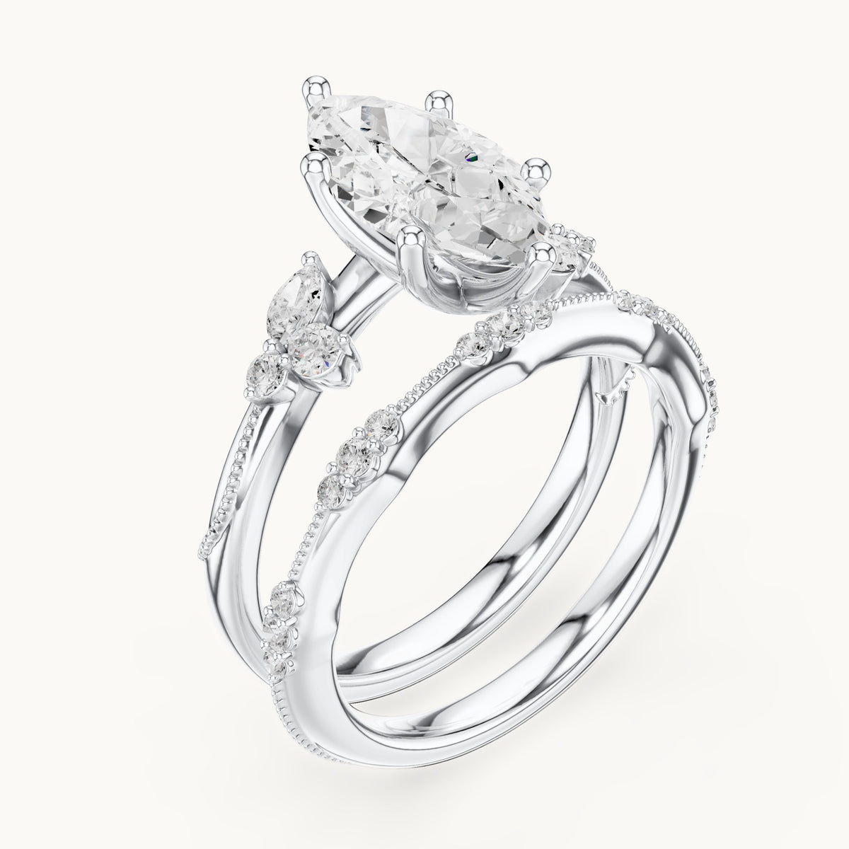 Marquise and round lab-grown diamond double band engagement ring with side stones in white gold, 2.415 CT TW, view 2