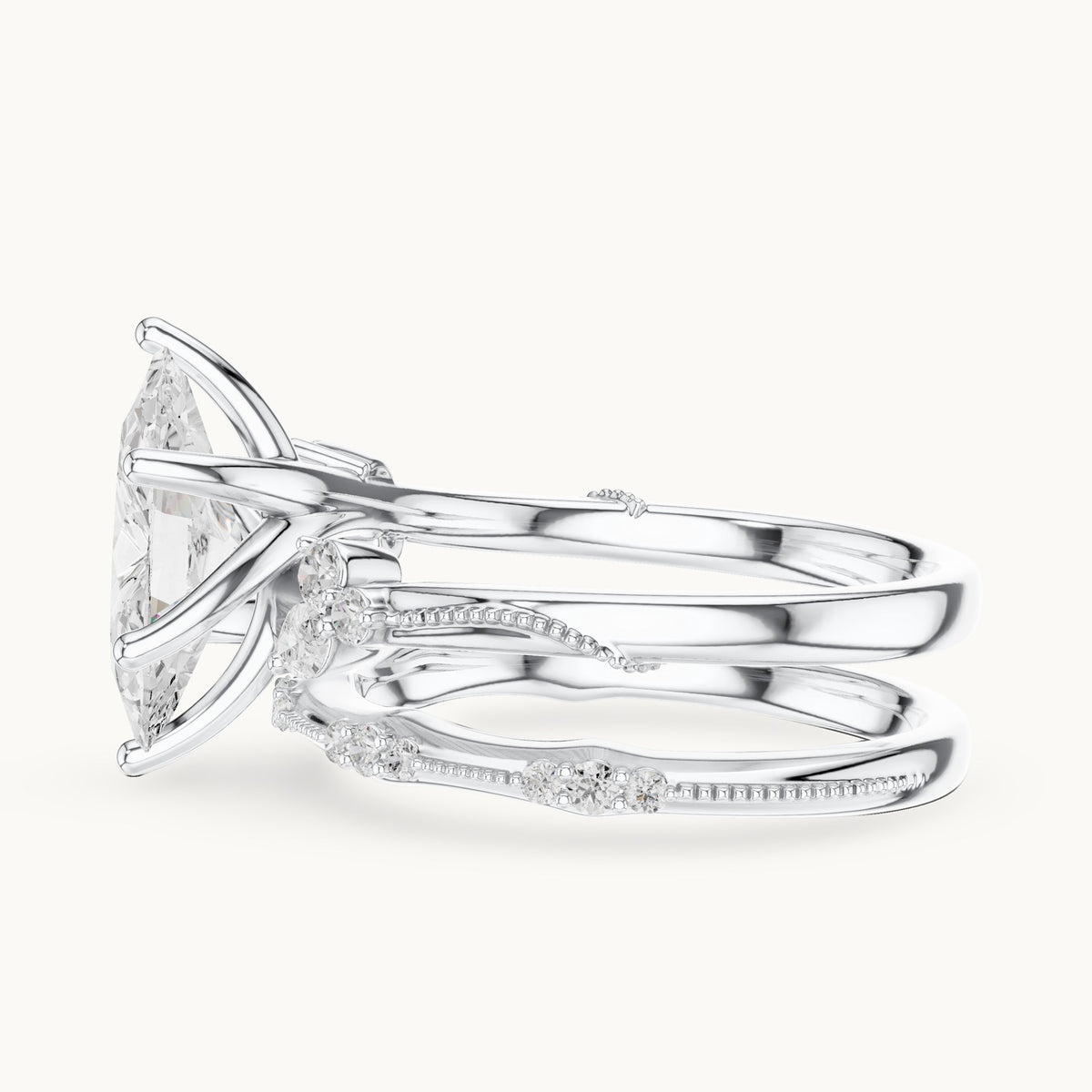 Marquise and round lab-grown diamond double band engagement ring with side stones in white gold, 2.415 CT TW, view 3