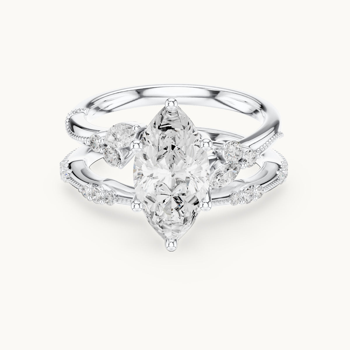 Marquise and round lab-grown diamond double band engagement ring with side stones in white gold, 2.415 CT TW, view 4