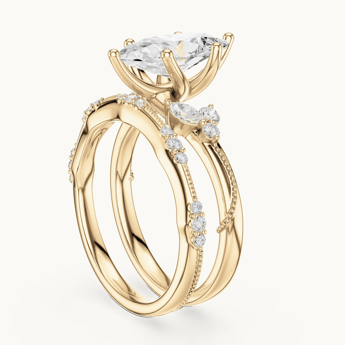 Marquise and round lab-grown diamond double band engagement ring with side stones in yellow gold, 2.415 CT TW, view 1