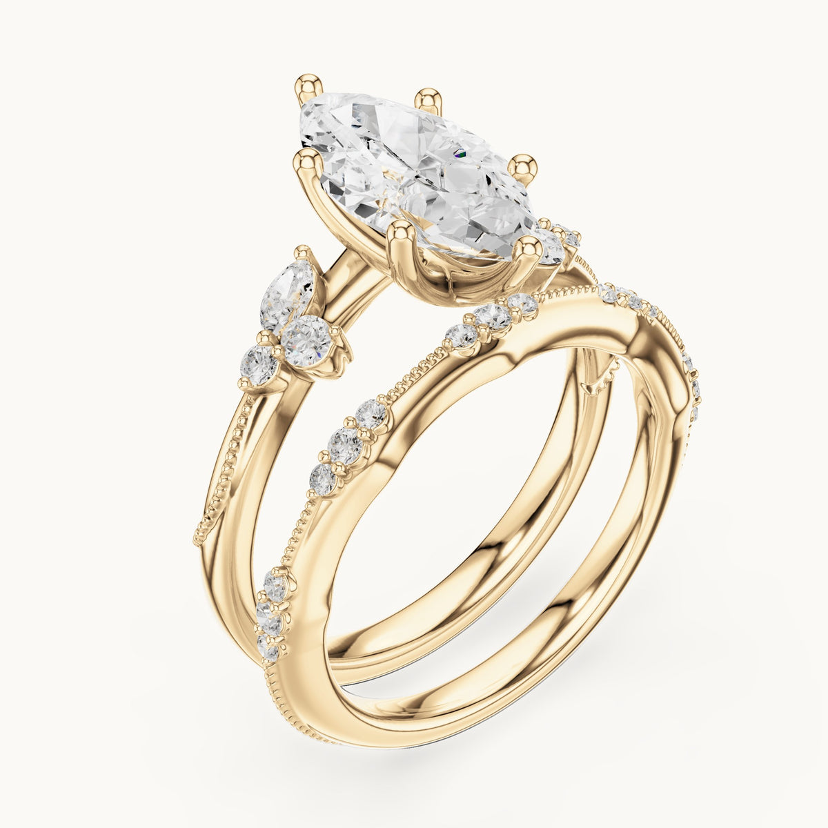 Marquise and round lab-grown diamond double band engagement ring with side stones in yellow gold, 2.415 CT TW, view 2