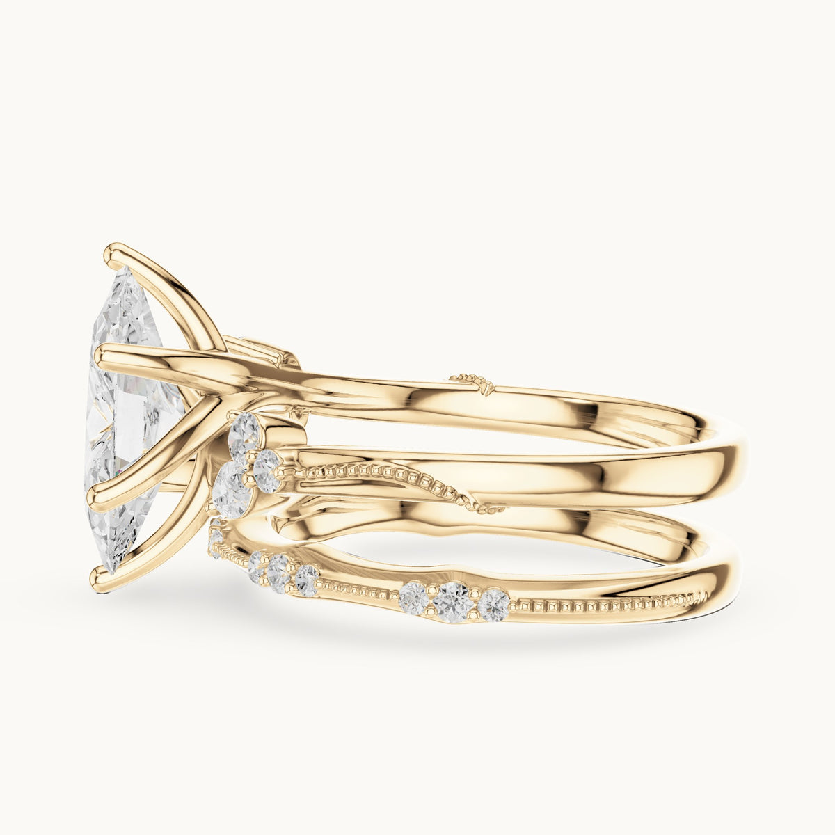 Marquise and round lab-grown diamond double band engagement ring with side stones in yellow gold, 2.415 CT TW, view 3