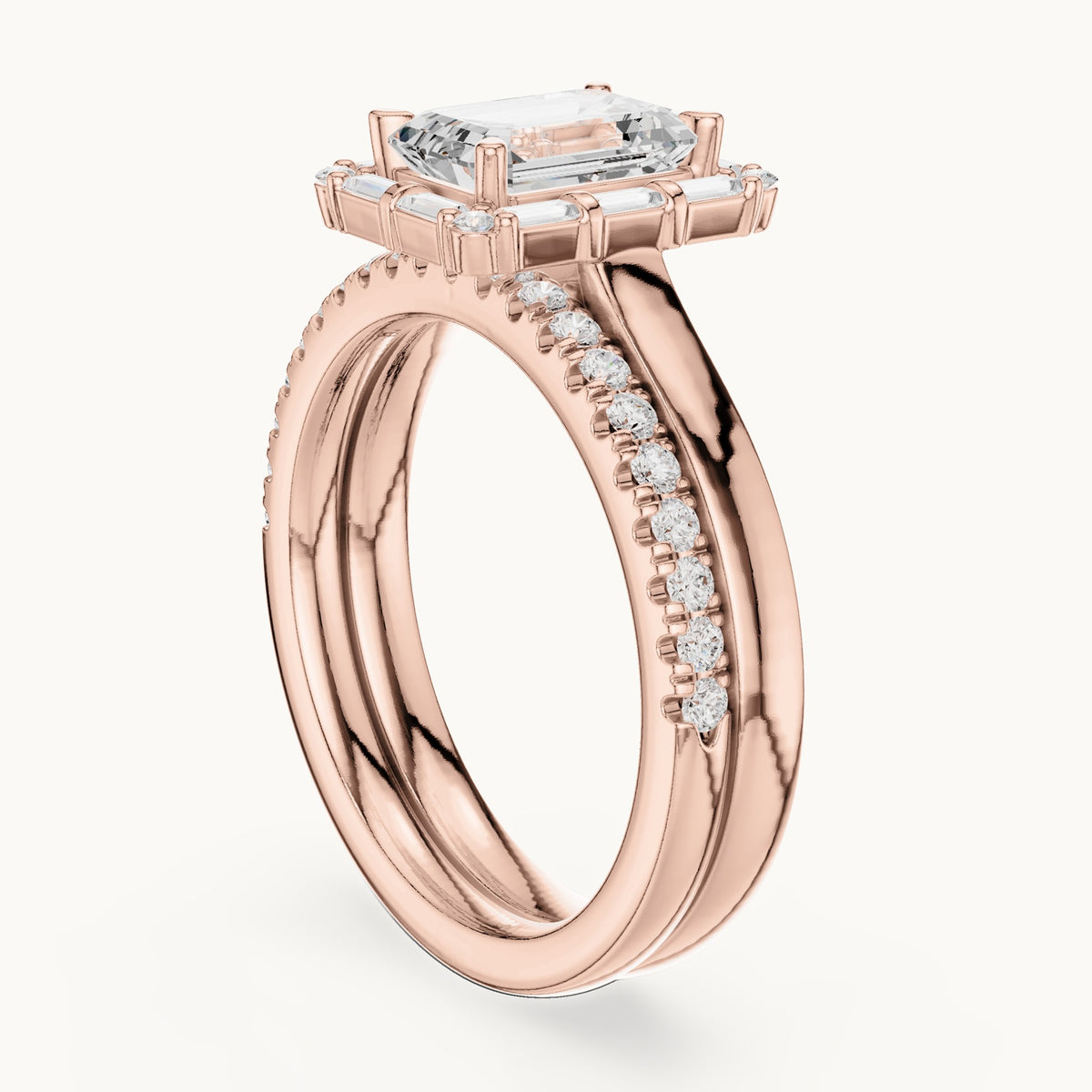 Emerald-cut, round and baguette lab-grown diamond halo double band engagement ring in rose gold, 2.004 CT TW, view 1