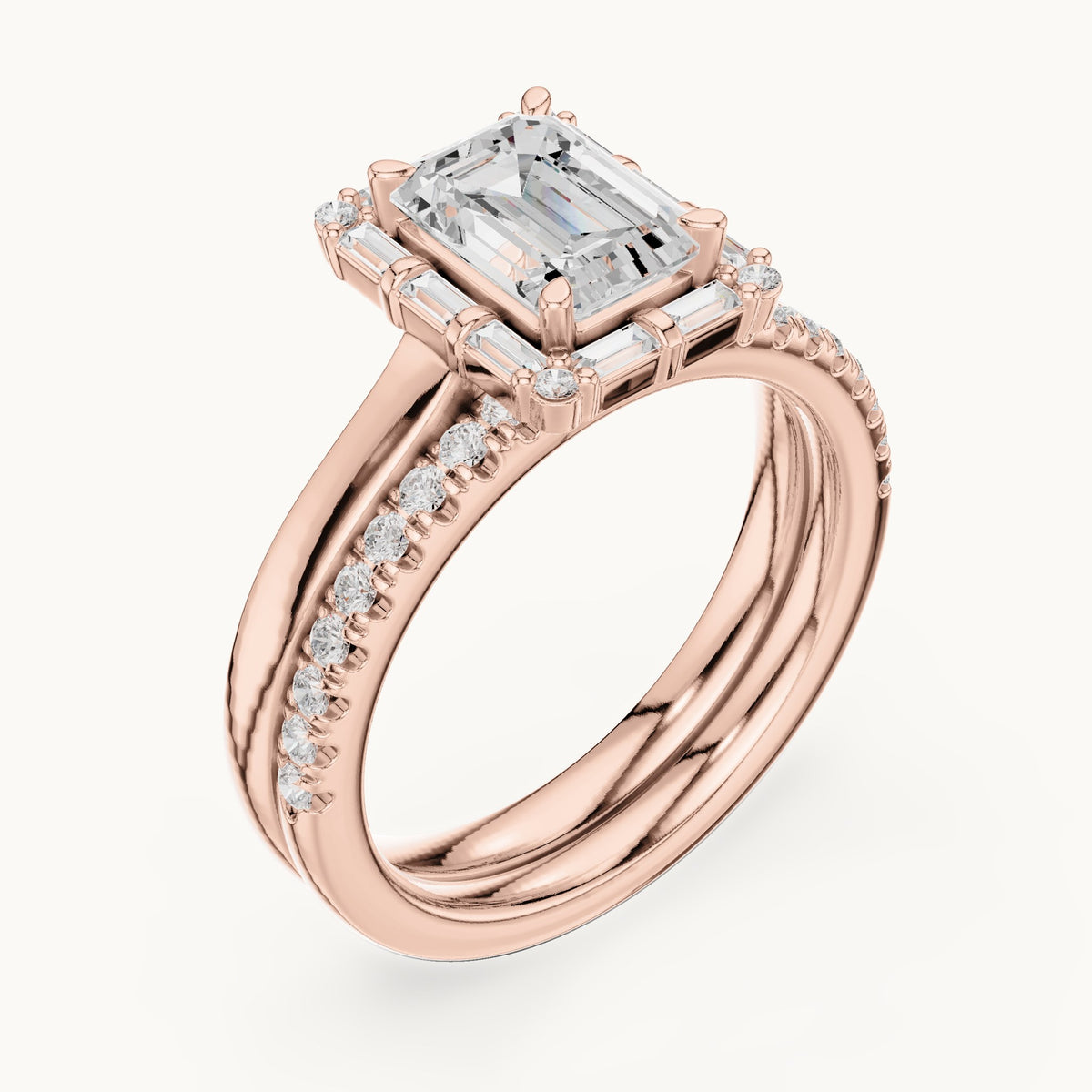 Emerald-cut, round and baguette lab-grown diamond halo double band engagement ring in rose gold, 2.004 CT TW, view 2