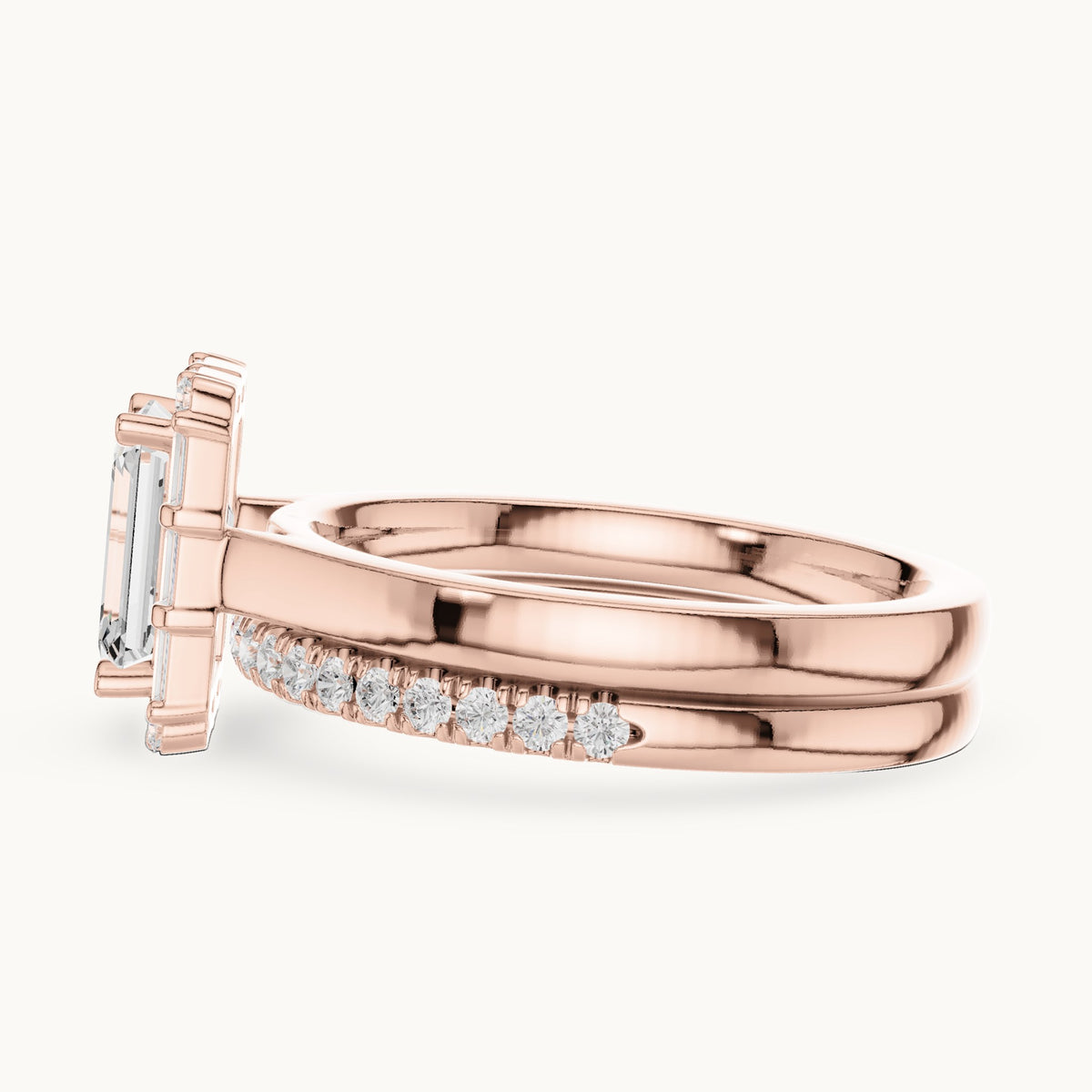 Emerald-cut, round and baguette lab-grown diamond halo double band engagement ring in rose gold, 2.004 CT TW, view 3