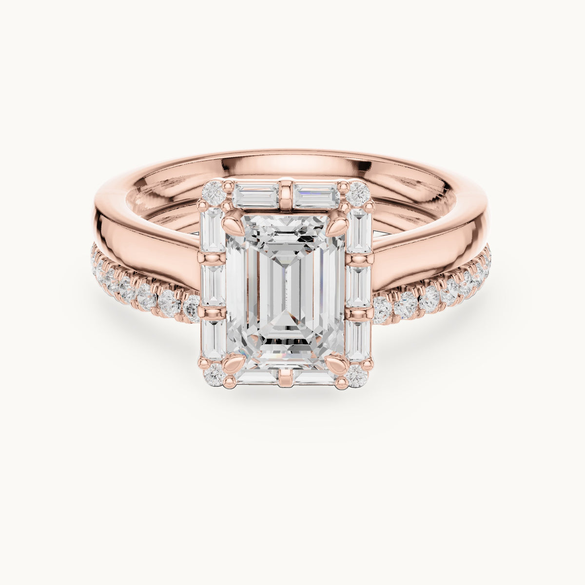 Emerald-cut, round and baguette lab-grown diamond halo double band engagement ring in rose gold, 2.004 CT TW, view 4