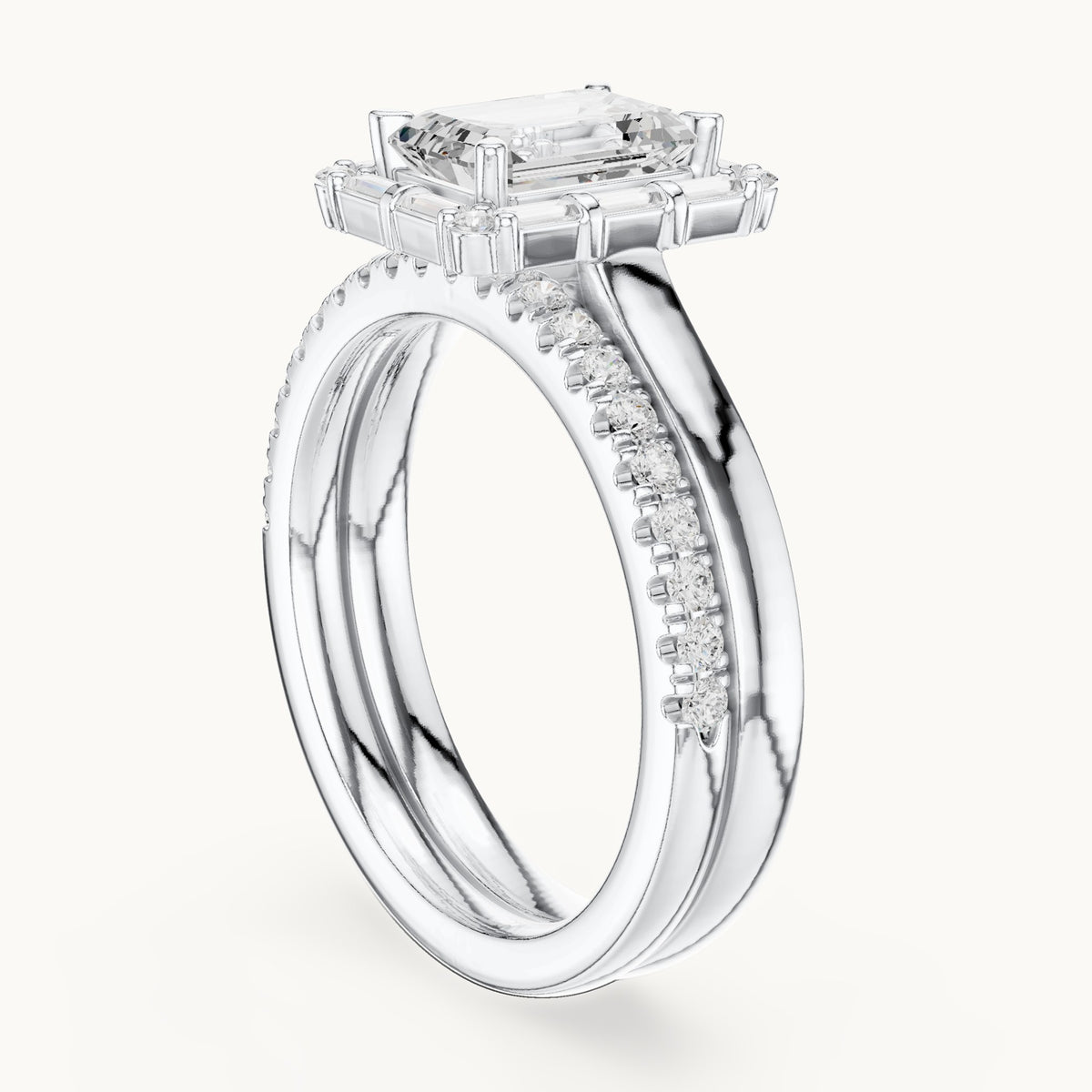 Emerald-cut, round and baguette lab-grown diamond halo double band engagement ring in white gold, 2.004 CT TW, view 1