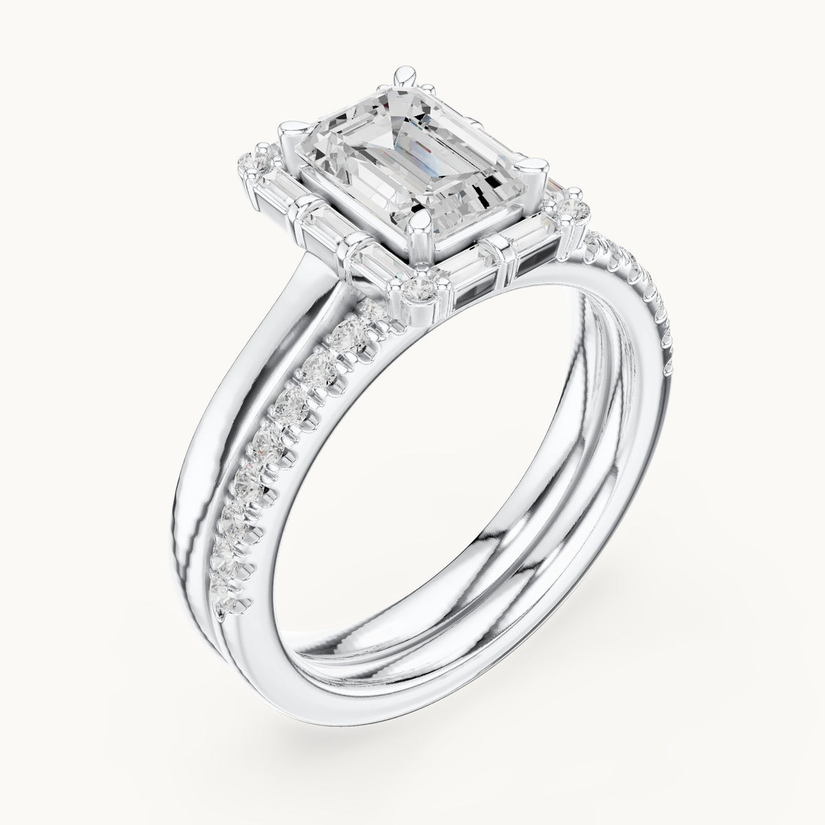 Emerald-cut, round and baguette lab-grown diamond halo double band engagement ring in white gold, 2.004 CT TW, view 2