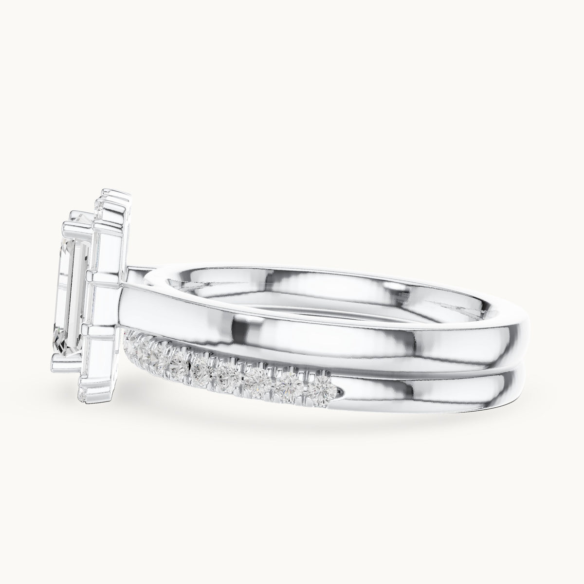 Emerald-cut, round and baguette lab-grown diamond halo double band engagement ring in white gold, 2.004 CT TW, view 3