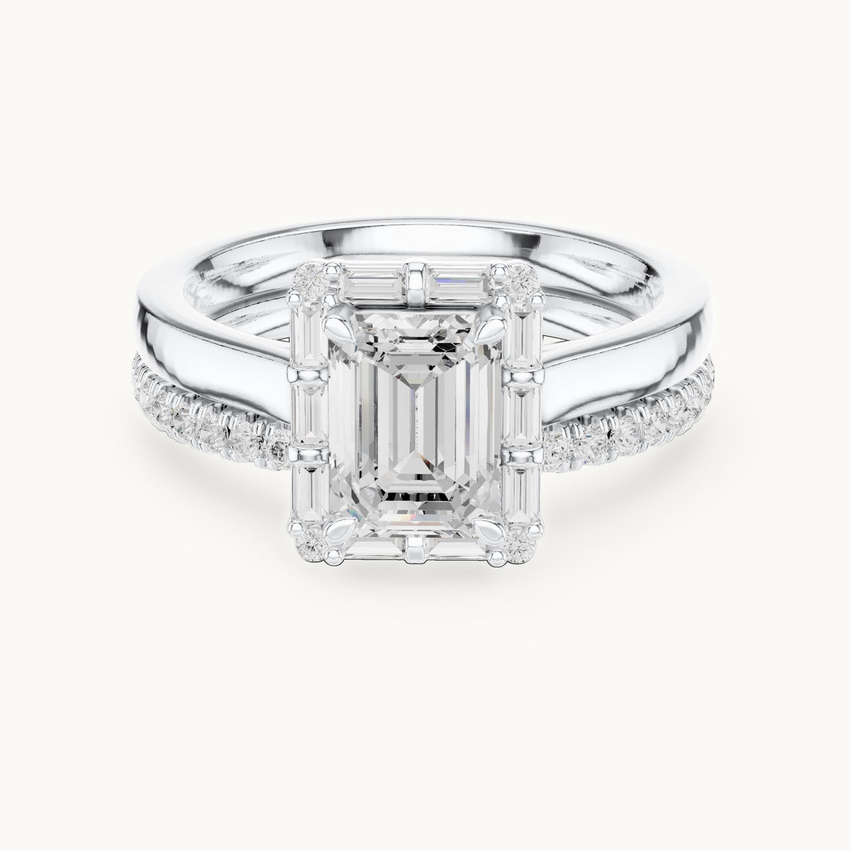 Emerald-cut, round and baguette lab-grown diamond halo double band engagement ring in white gold, 2.004 CT TW, view 4