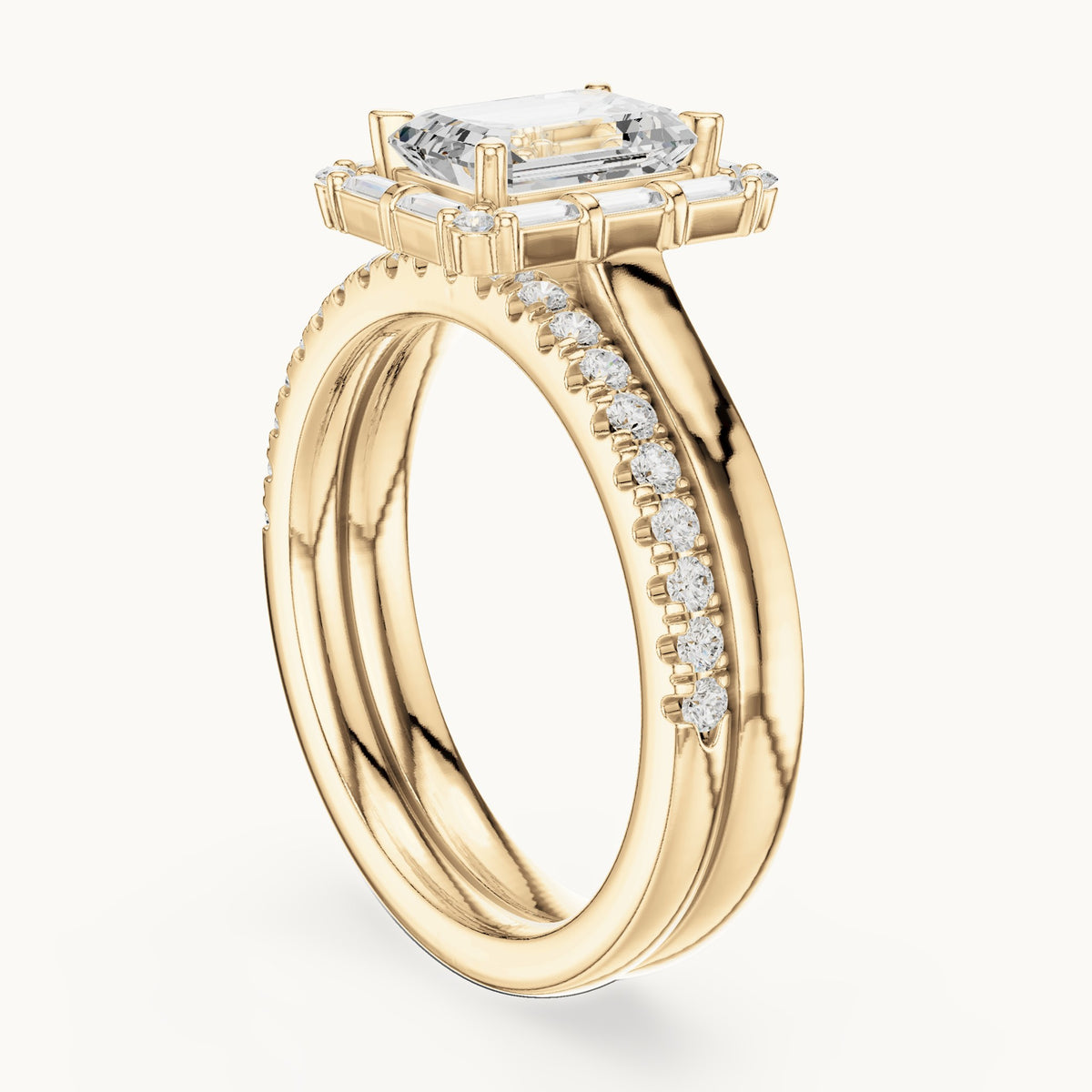 Emerald-cut, round and baguette lab-grown diamond halo double band engagement ring in yellow gold, 2.004 CT TW, view 1