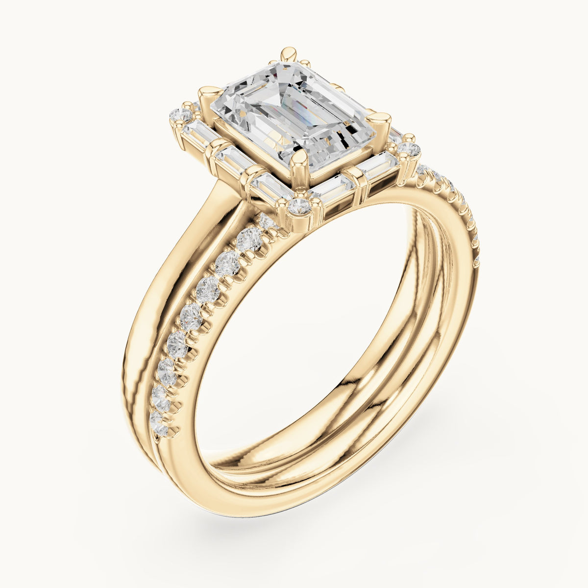 Emerald-cut, round and baguette lab-grown diamond halo double band engagement ring in yellow gold, 2.004 CT TW, view 2