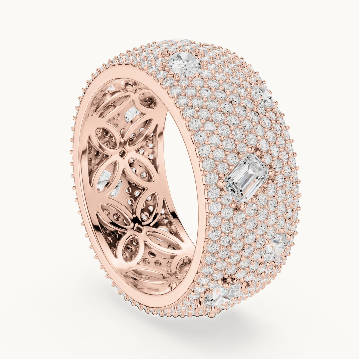 Round, emerald-cut and pear lab-grown diamond wide pavé full eternity band in rose gold, 3.19 CT TW, view 1