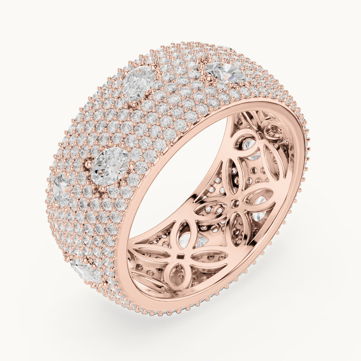 Round, emerald-cut and pear lab-grown diamond wide pavé full eternity band in rose gold, 3.19 CT TW, view 2