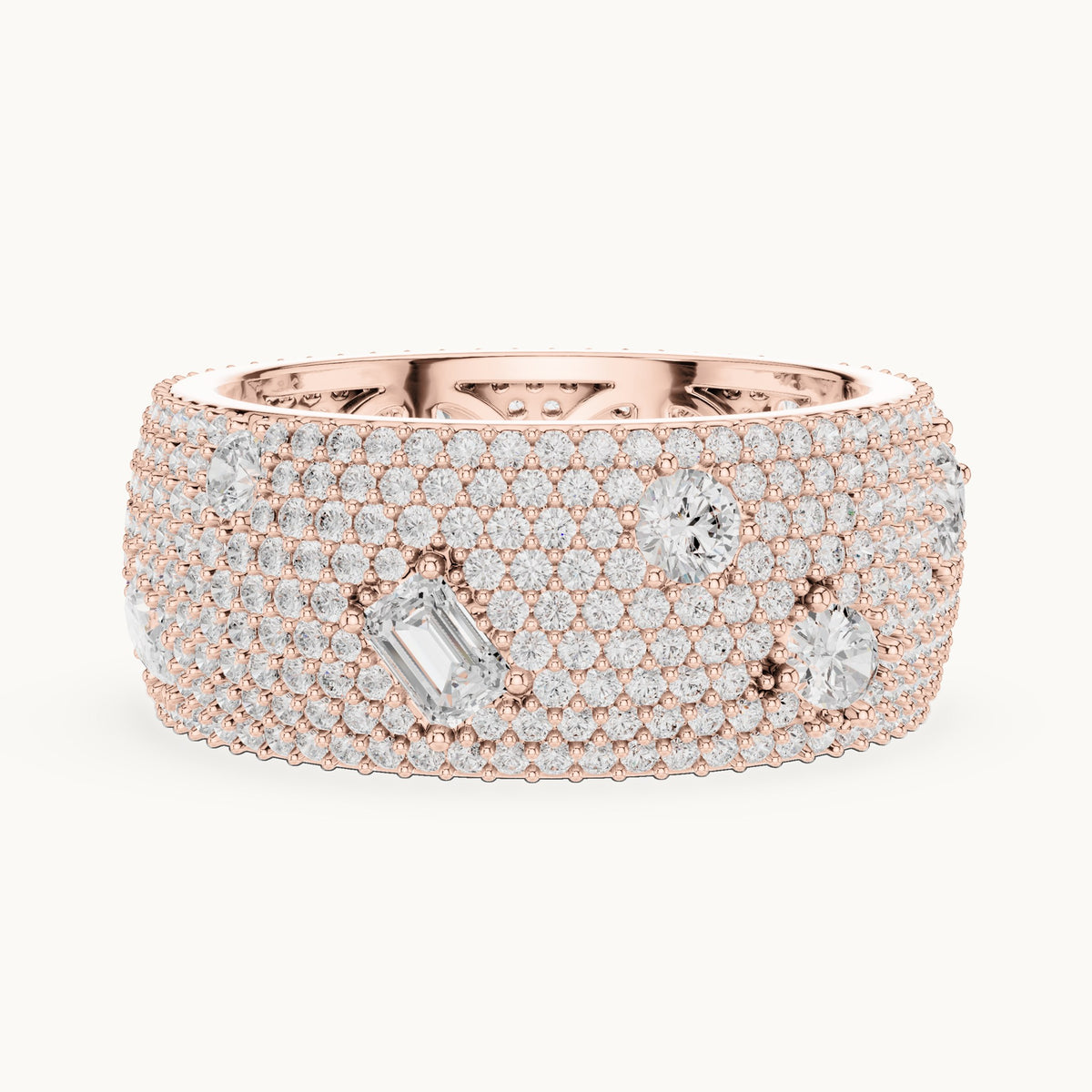 Round, emerald-cut and pear lab-grown diamond wide pavé full eternity band in rose gold, 3.19 CT TW, view 3