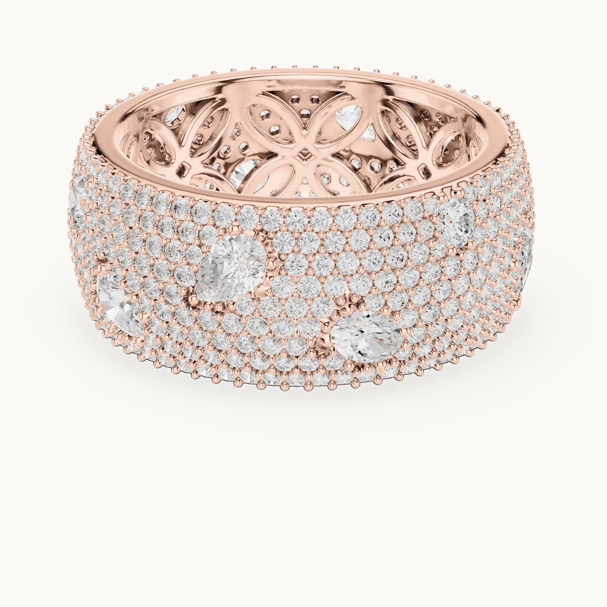 Round, emerald-cut and pear lab-grown diamond wide pavé full eternity band in rose gold, 3.19 CT TW, view 4