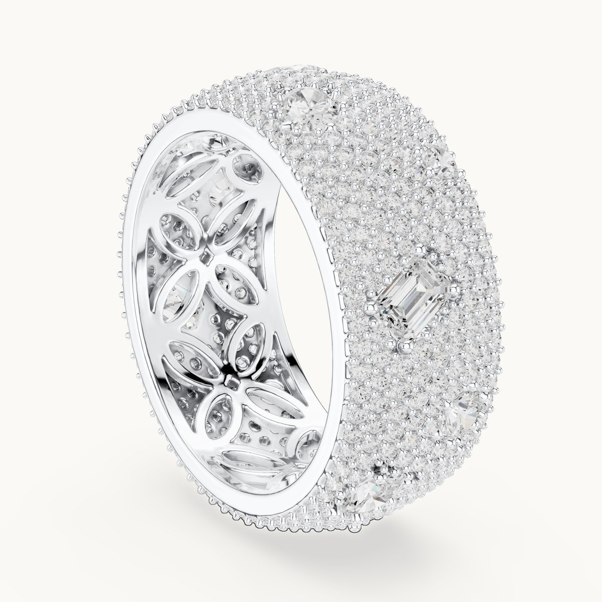 Round, emerald-cut and pear lab-grown diamond wide pavé full eternity band in white gold, 3.19 CT TW, view 1