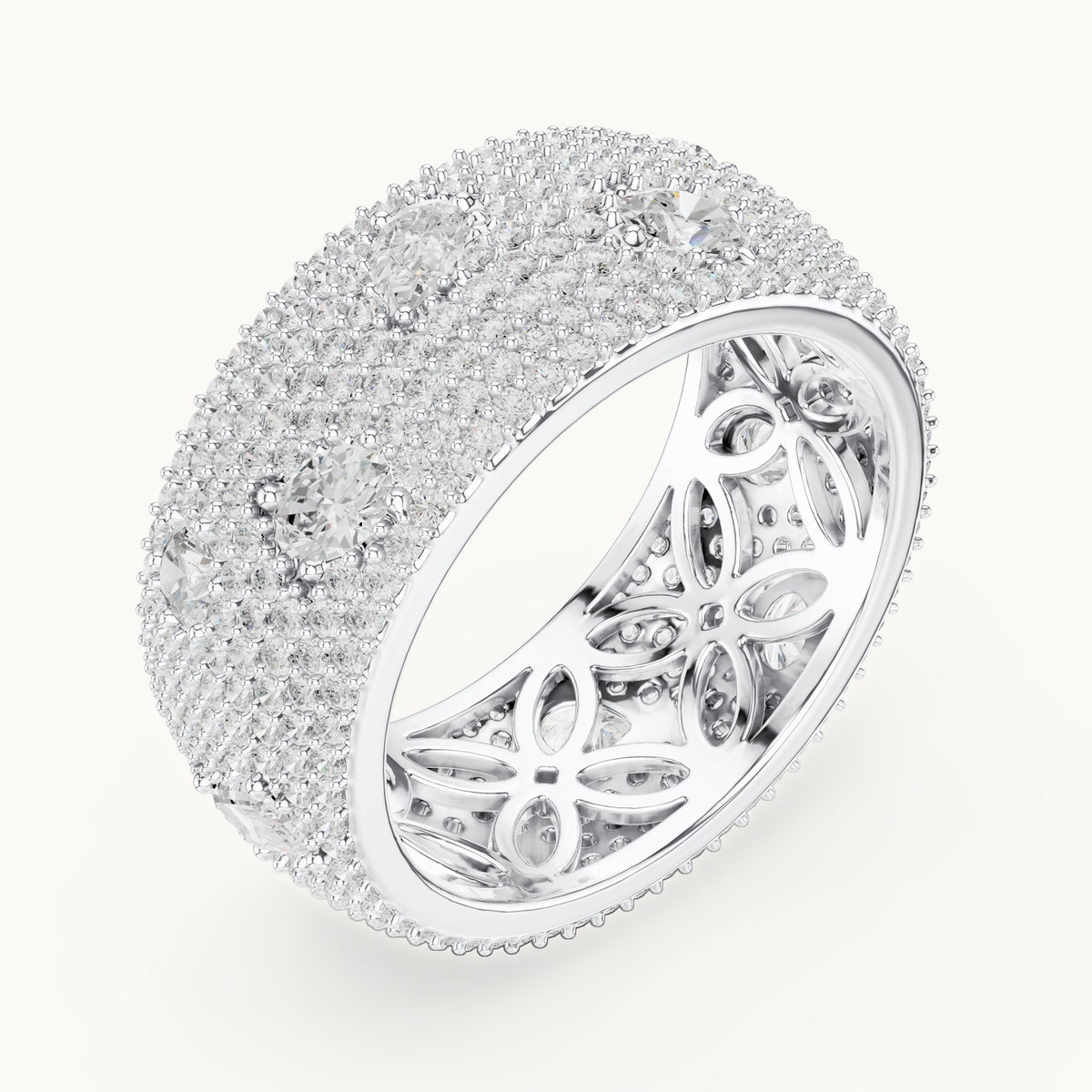 Round, emerald-cut and pear lab-grown diamond wide pavé full eternity band in white gold, 3.19 CT TW, view 2