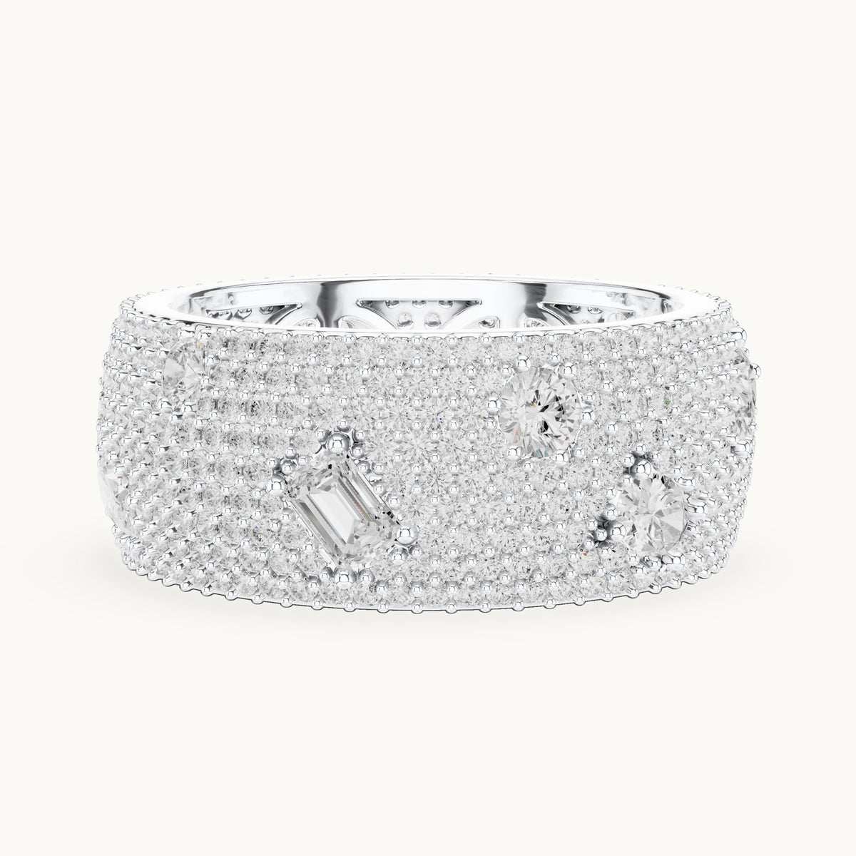 Round, emerald-cut and pear lab-grown diamond wide pavé full eternity band in white gold, 3.19 CT TW, view 3