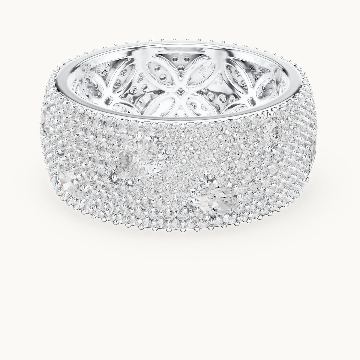 Round, emerald-cut and pear lab-grown diamond wide pavé full eternity band in white gold, 3.19 CT TW, view 4