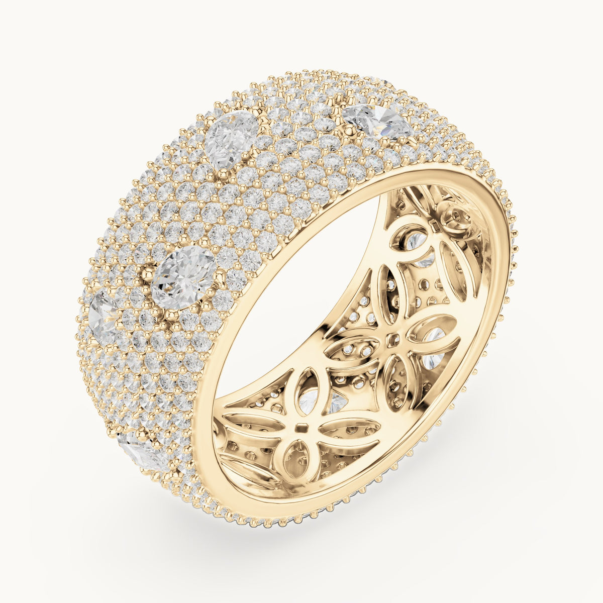 Round, emerald-cut and pear lab-grown diamond wide pavé full eternity band in yellow gold, 3.19 CT TW, view 2