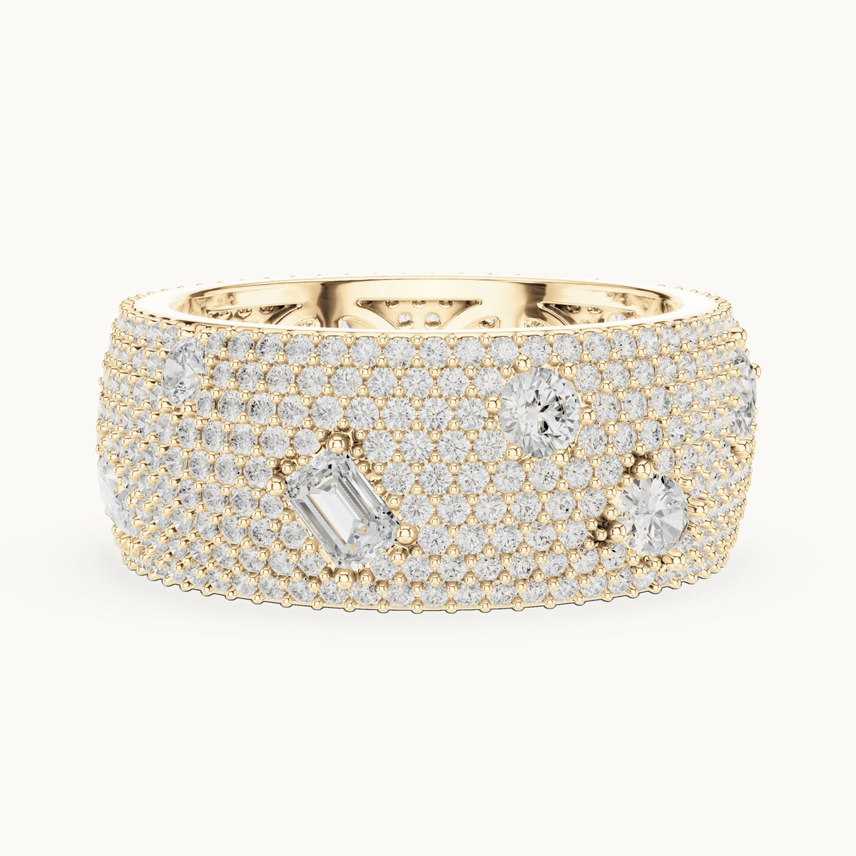 Round, emerald-cut and pear lab-grown diamond wide pavé full eternity band in yellow gold, 3.19 CT TW, view 3