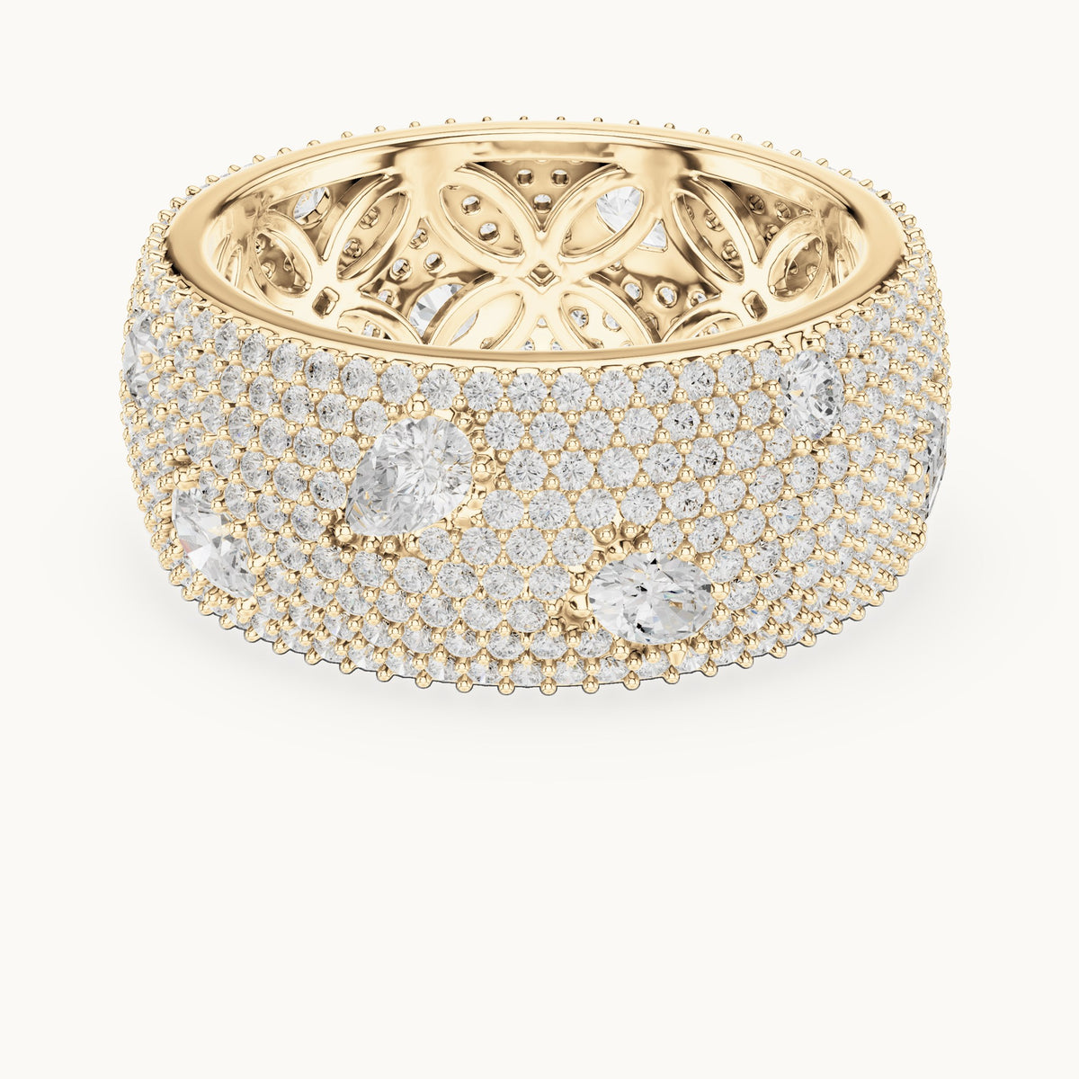 Round, emerald-cut and pear lab-grown diamond wide pavé full eternity band in yellow gold, 3.19 CT TW, view 4