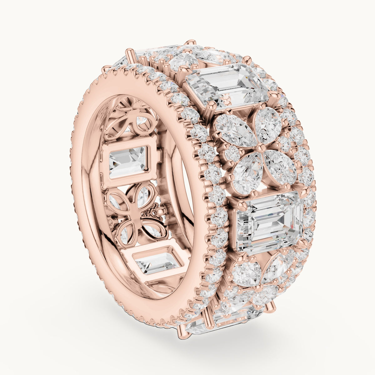 Emerald-cut, pear and round lab-grown diamond statement full eternity band in rose gold, 8.568 CT TW, view 1