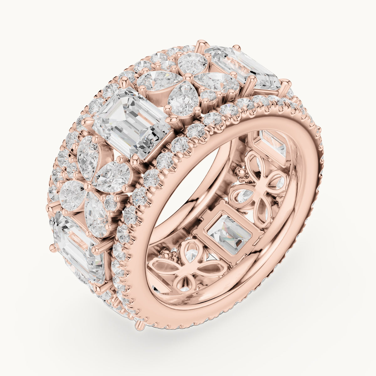 Emerald-cut, pear and round lab-grown diamond statement full eternity band in rose gold, 8.568 CT TW, view 2