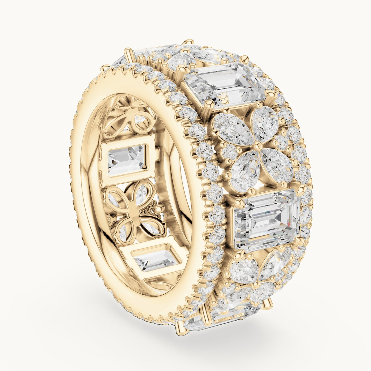 Emerald-cut, pear and round lab-grown diamond statement full eternity band in yellow gold, 8.568 CT TW, view 1