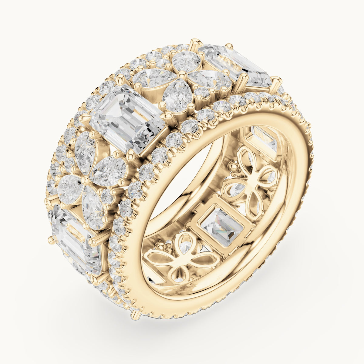 Emerald-cut, pear and round lab-grown diamond statement full eternity band in yellow gold, 8.568 CT TW, view 2