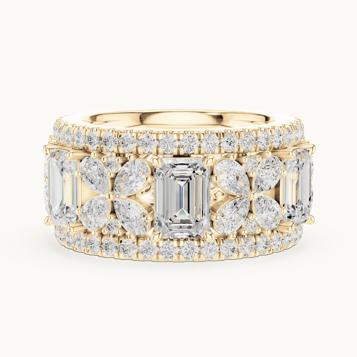 Emerald-cut, pear and round lab-grown diamond statement full eternity band in yellow gold, 8.568 CT TW, view 3
