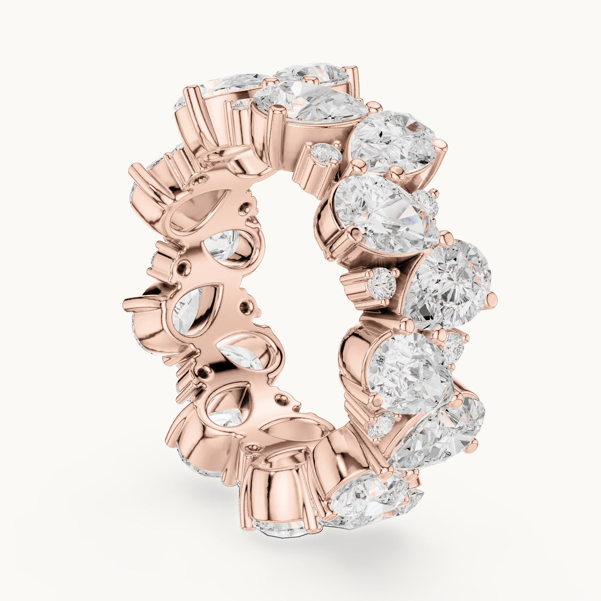 Pear and round lab-grown diamond double-row cluster full eternity band in rose gold, 6.93 CT TW, view 1