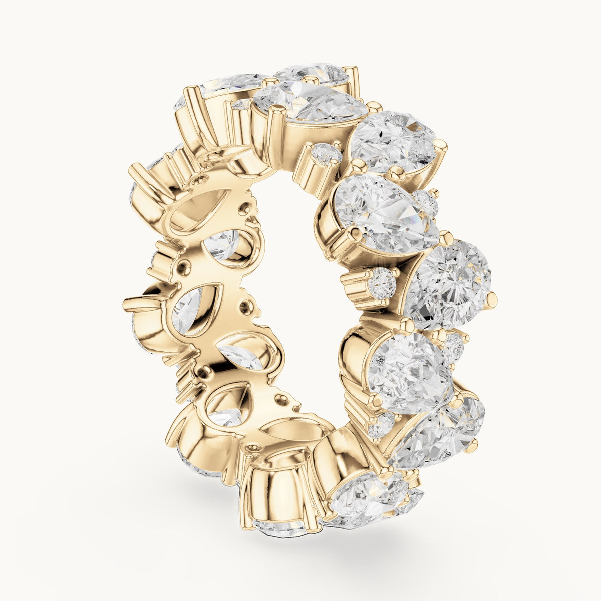 Pear and round lab-grown diamond double-row cluster full eternity band in yellow gold, 6.93 CT TW, view 1