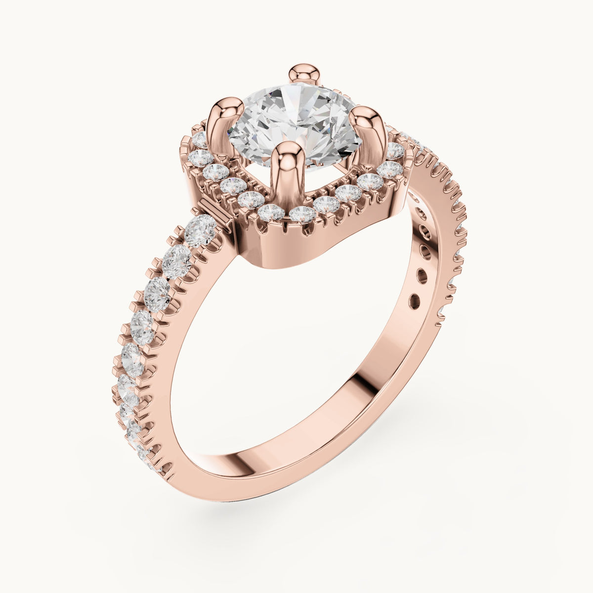 Round lab-grown diamond cushion halo engagement ring with pavé band in rose gold, 1.484 CT TW, view 2
