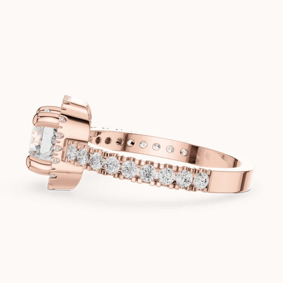 Round lab-grown diamond cushion halo engagement ring with pavé band in rose gold, 1.484 CT TW, view 3