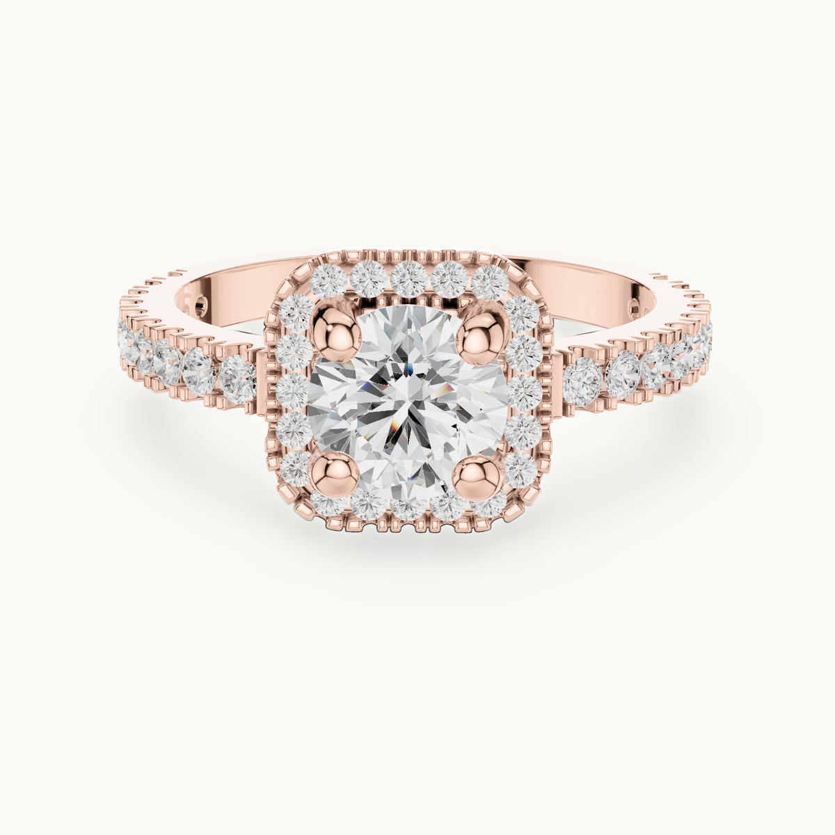 Round lab-grown diamond cushion halo engagement ring with pavé band in rose gold, 1.484 CT TW, view 4