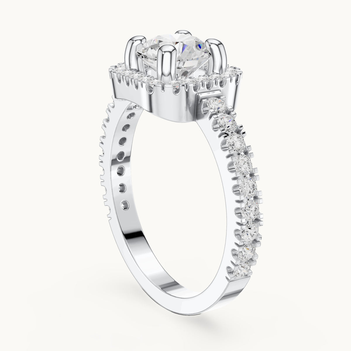 Round lab-grown diamond cushion halo engagement ring with pavé band in white gold, 1.484 CT TW, view 1
