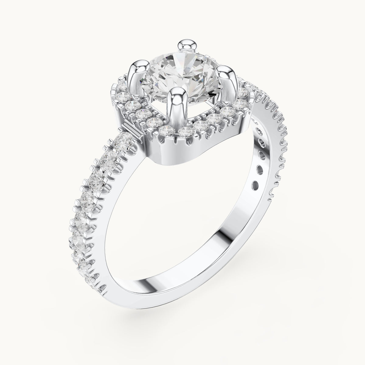 Round lab-grown diamond cushion halo engagement ring with pavé band in white gold, 1.484 CT TW, view 2
