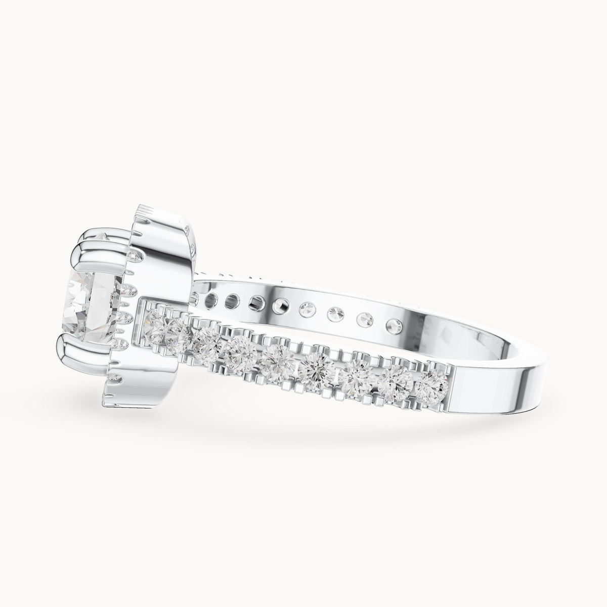 Round lab-grown diamond cushion halo engagement ring with pavé band in white gold, 1.484 CT TW, view 3